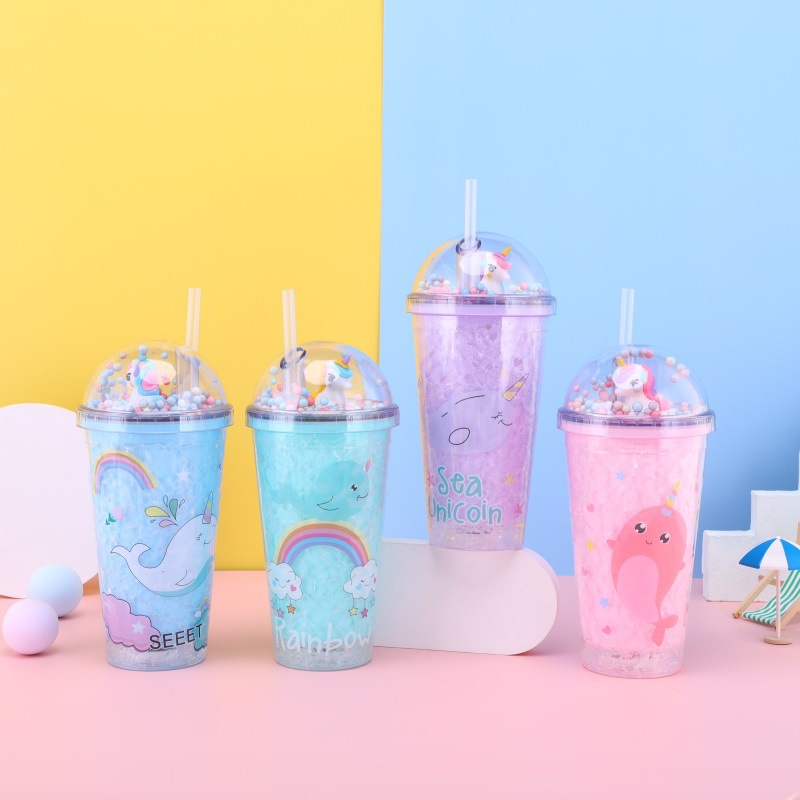 New Creative Cartoon Cute Crushed Ice Cup Narwhal Student Portable Plastic Cup Internet Celebrity Summer Cup with Straw Wholesale