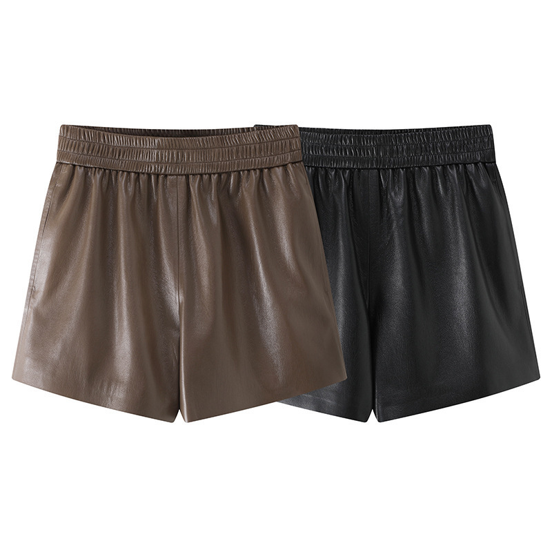 现货2024春季新款裤子休闲松紧腰pu皮阔腿短裤女装mbd1sot007