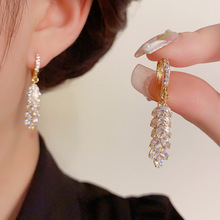 韩式轻奢高级感锆石树叶耳扣小众设计感气质百搭流苏耳坠时尚耳环