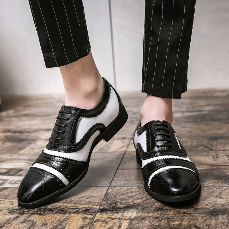 英伦时尚棕白黄拼色布洛克雕花皮鞋男士黑白双色个性巴洛克潮鞋子