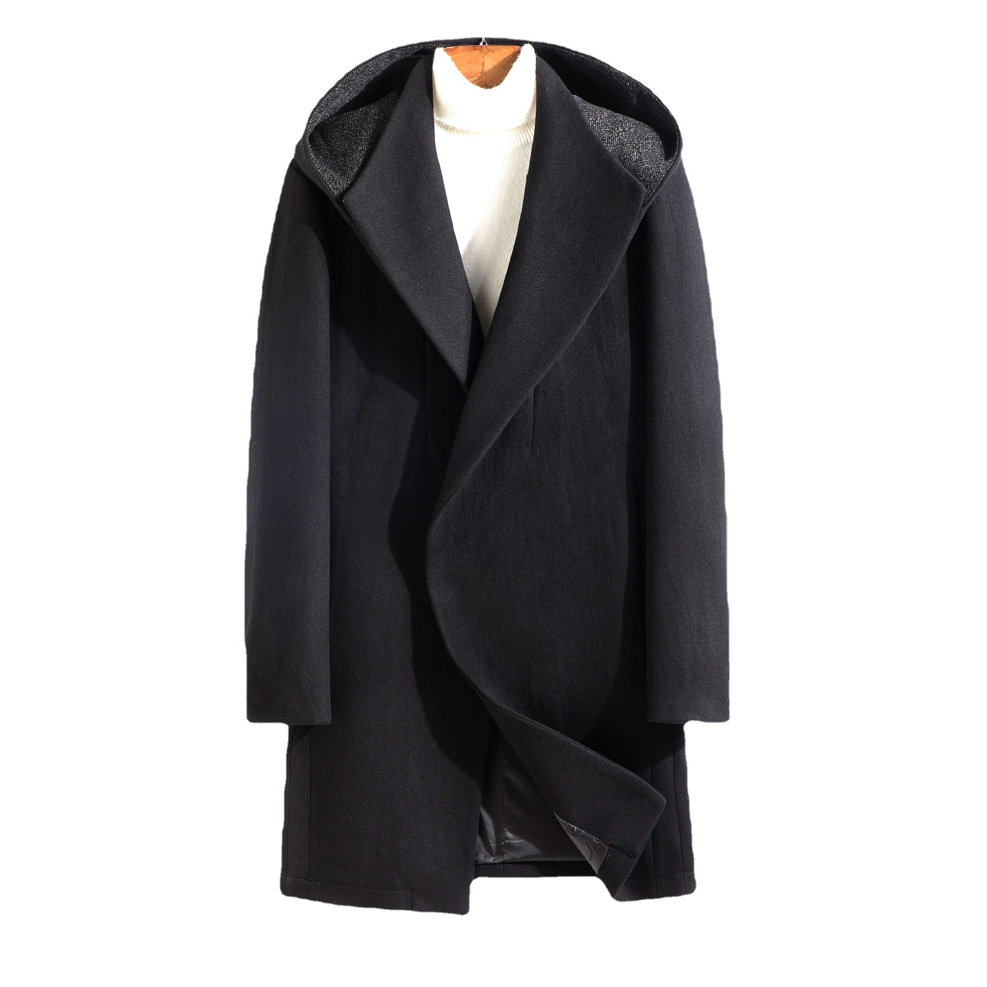 中青年男士风衣羊毛呢大衣中长款连帽潮都市时尚大翻领宽松大兜帽