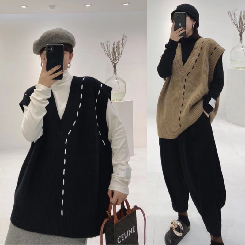 重工粗线条设计针织马甲背心女春装韩版宽松显瘦v领外穿毛衣上衣