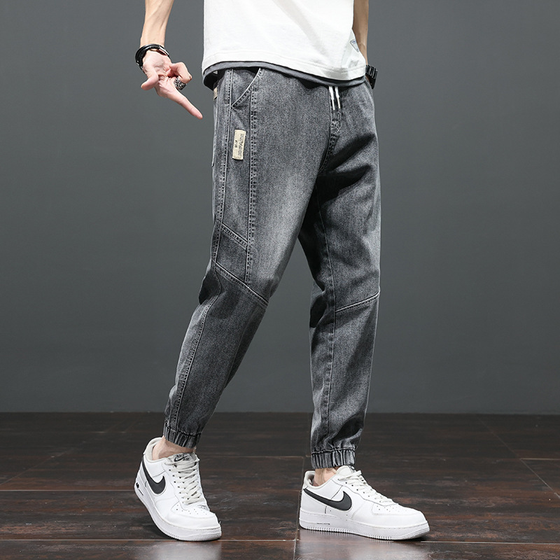 烟灰色牛仔裤男士春秋2021新款宽松紧腰九分束脚工装哈伦裤夏季潮