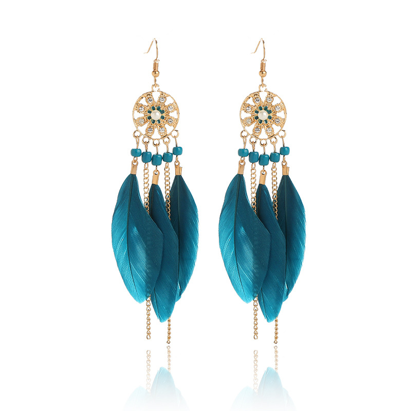 Hollow Feather Earrings Mixed Color Ethnic Style Tassel Long European and American Earrings Bohemian Bead Ear Jewelry Wholesale