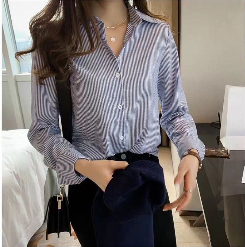 新款大码女装上衣宽松竖条纹衬衫女胖mm长袖衬衣打底衫-阿里巴巴