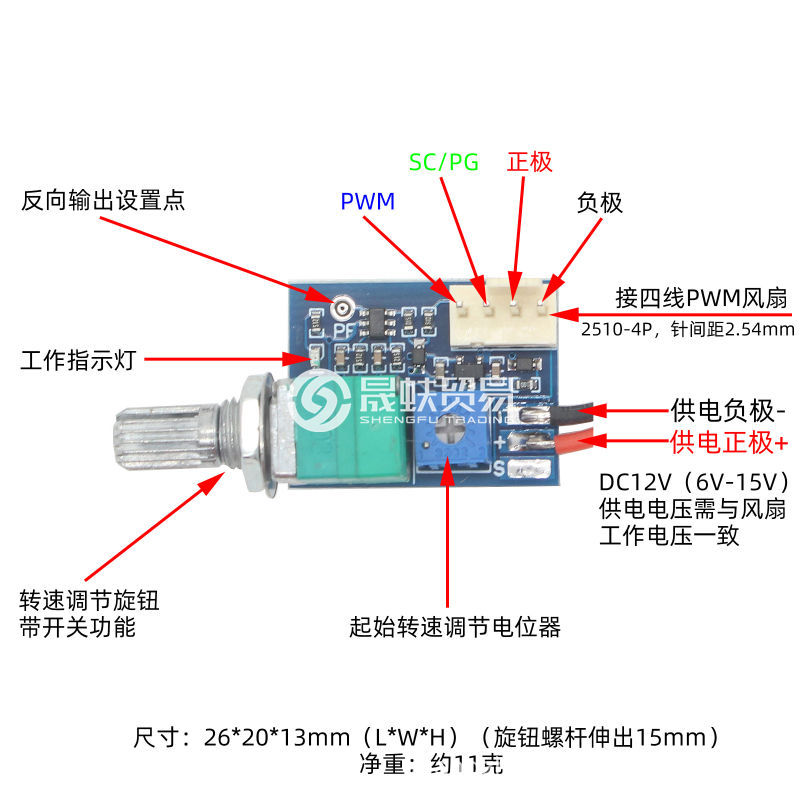 手动四线pwm风扇调速器dc12v 机箱4线风扇调速降噪 带开关 可关停