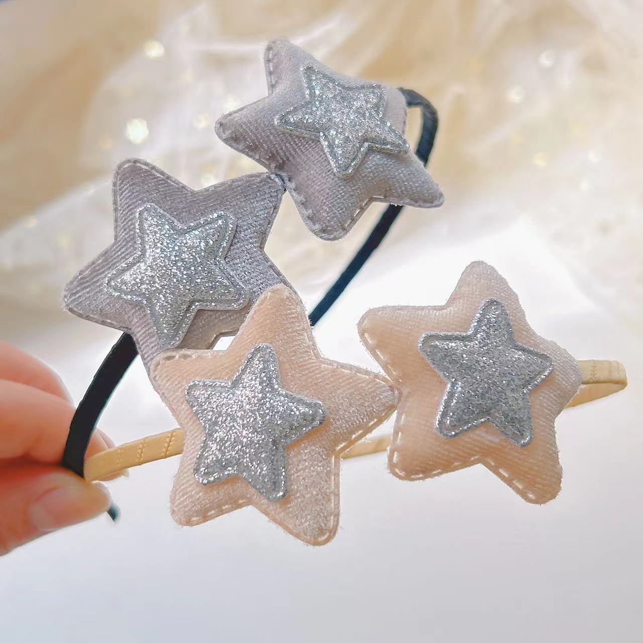 跨境新款儿童可爱彩色亮片星星发箍柔软丝绒五星头箍头扣儿童发饰