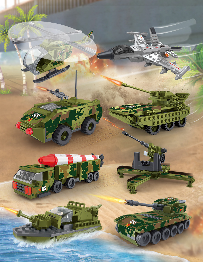 积高军事八合一积木拼装玩具男孩益智合体战舰拼插航空母舰模型