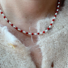 925纯银珍珠圆珠红色珊瑚项链简约小众设计感手工串珠毛衣链N0766