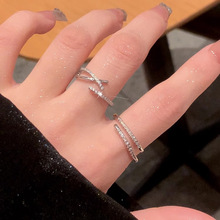 银色闪钻锆石双层开口戒指女素圈食指戒时尚个性尾戒指环新品手饰