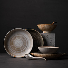 日式手工白米饭碗家用复古高脚碗粗陶大容量汤面碗加厚土碗可微波