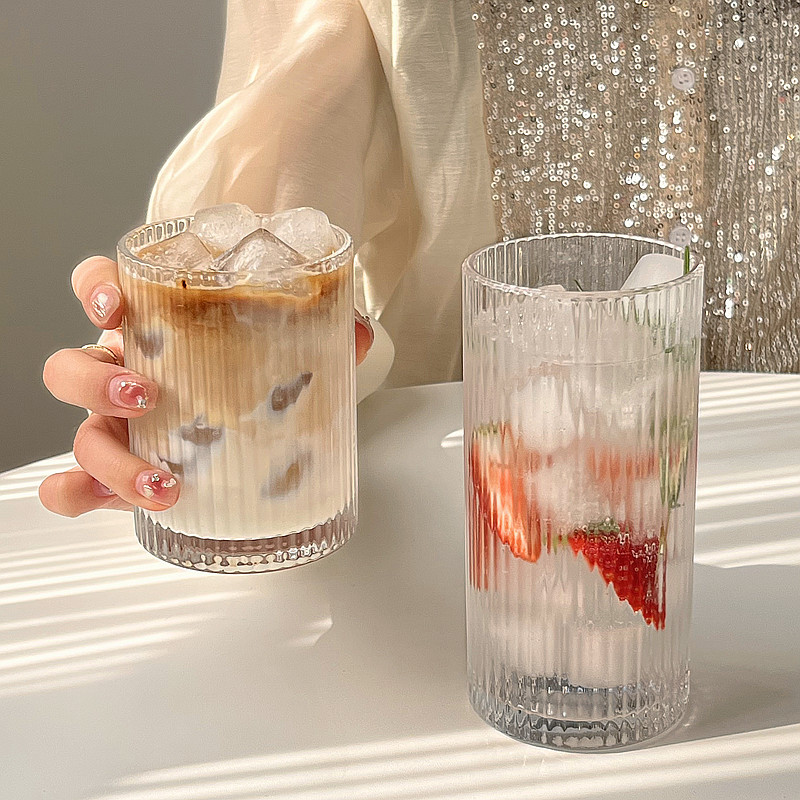 ins风简约条纹玻璃杯子 美式咖啡杯拿铁果汁杯冷饮料杯牛奶早餐杯