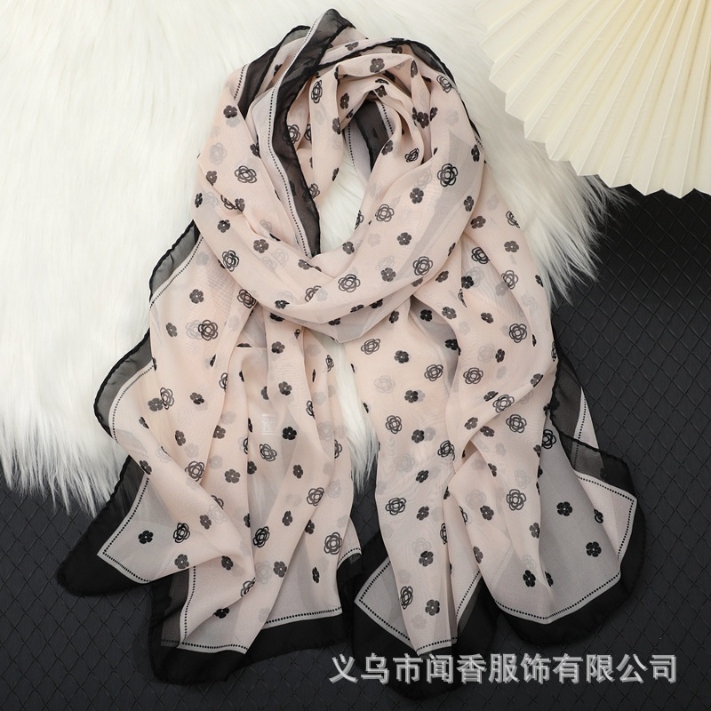 Classic Style Camellia Silk Scarf Women's Chiffon Scarf Atmosphere Fashionable Stylish Thin Scarf Decorations Neck Protection Scarf