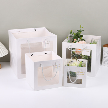 新款现货方形开窗礼品袋橱窗鲜花包装袋花束篮球烘焙外卖手提纸袋