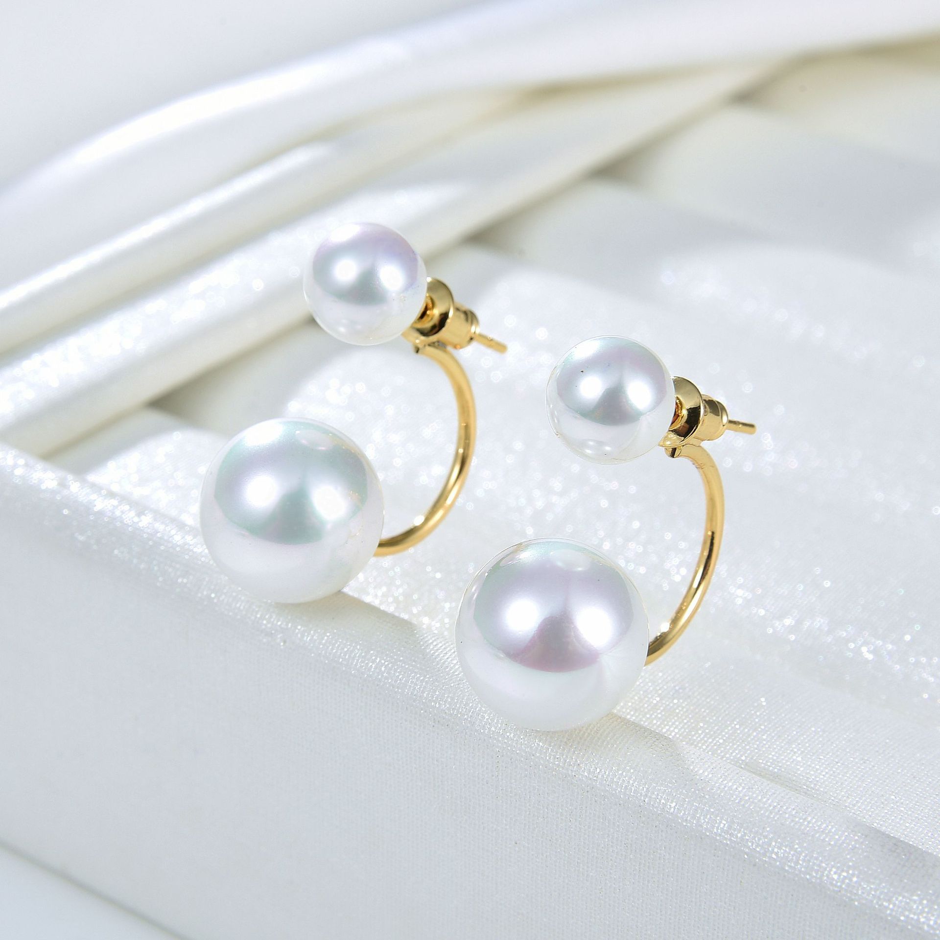 乔妹珍珠耳环大小珠耳钉澳白珍珠耳钉双珠耳钉南洋金珠耳坠 图片_高清