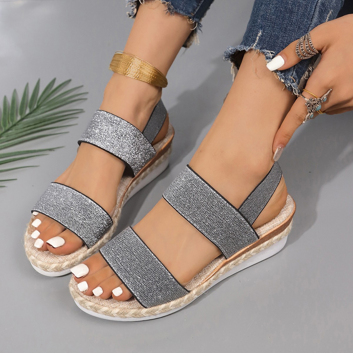 凉鞋女外贸罗马麻绳底女士凉鞋厚底坡跟时尚学生夏季沙滩鱼嘴鞋