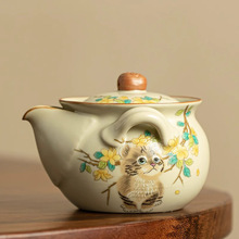 仿宋米黄汝窑萌猫手抓壶可养陶瓷茶具家用个人女生专用可爱茶壶