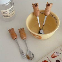 韩国可爱卡通小熊水果叉勺套装实木柄不锈钢点心叉咖啡勺子餐具