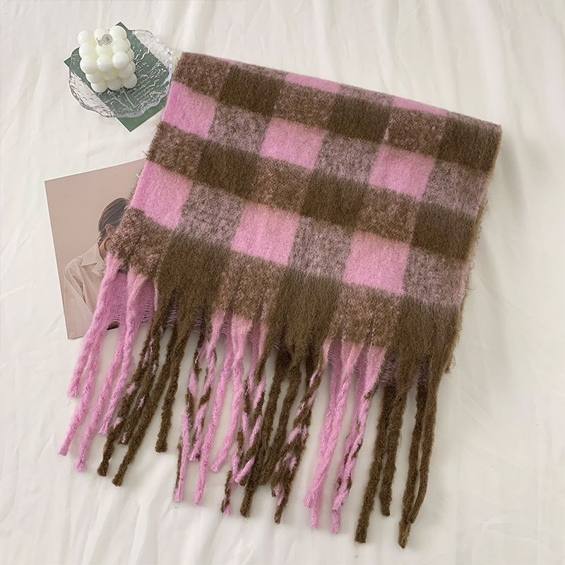 Autumn and Winter New Contrast Color Plaid Thick Scarf Internet Celebrity Same Style Mohair Plaid European and American AC Couple Scarf Wholesale