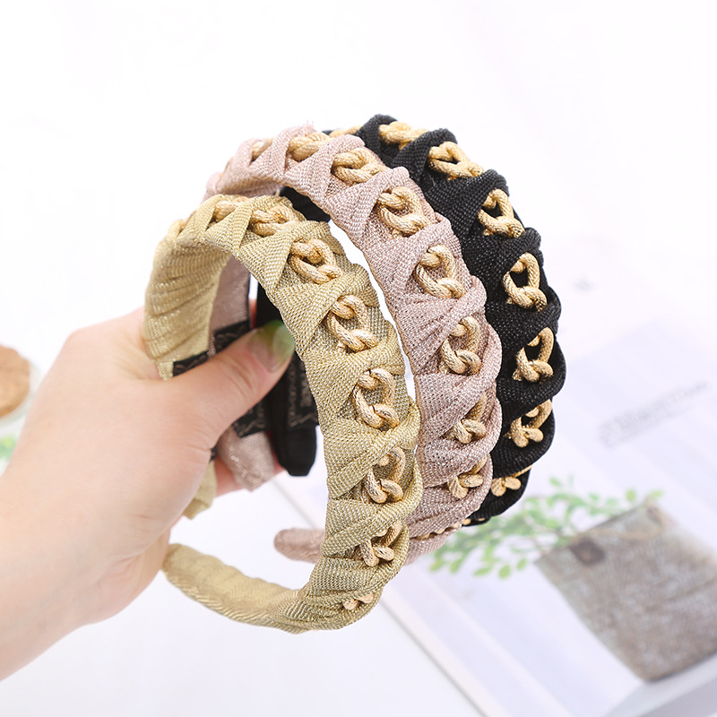 European and American Hot Chain Woven Fabric Headband Women's Amazon Fashion Simple Hair Pressing Headwear Wide-Brimmed Hair Band Hair Accessories