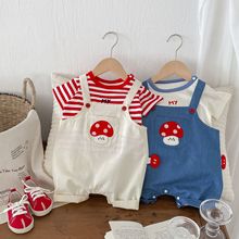 婴儿卡通套装 0-2岁夏季韩国童装宝宝条纹T恤背带裤两件套潮AT126
