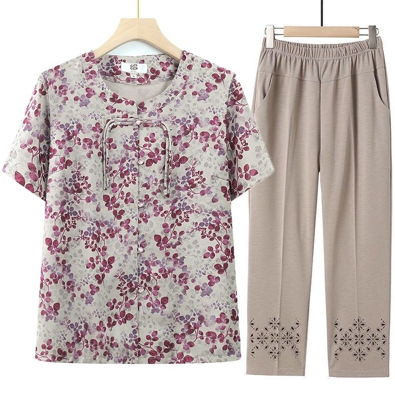 妈妈夏装短袖中老年人衬衫女装夏季两件套奶奶衣服老太太套装