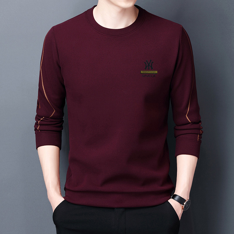 2022 New Hoodie Men's Solid Color Bottoming Shirt Spring and Autumn Long Sleeve T-shirt round Neck Youth Thin Double-Sided Velvet T-shirt Fashion