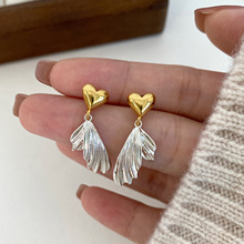 法式金银拼色爱心羽翼不对称耳钉气质简约高级耳环小众设计感耳饰
