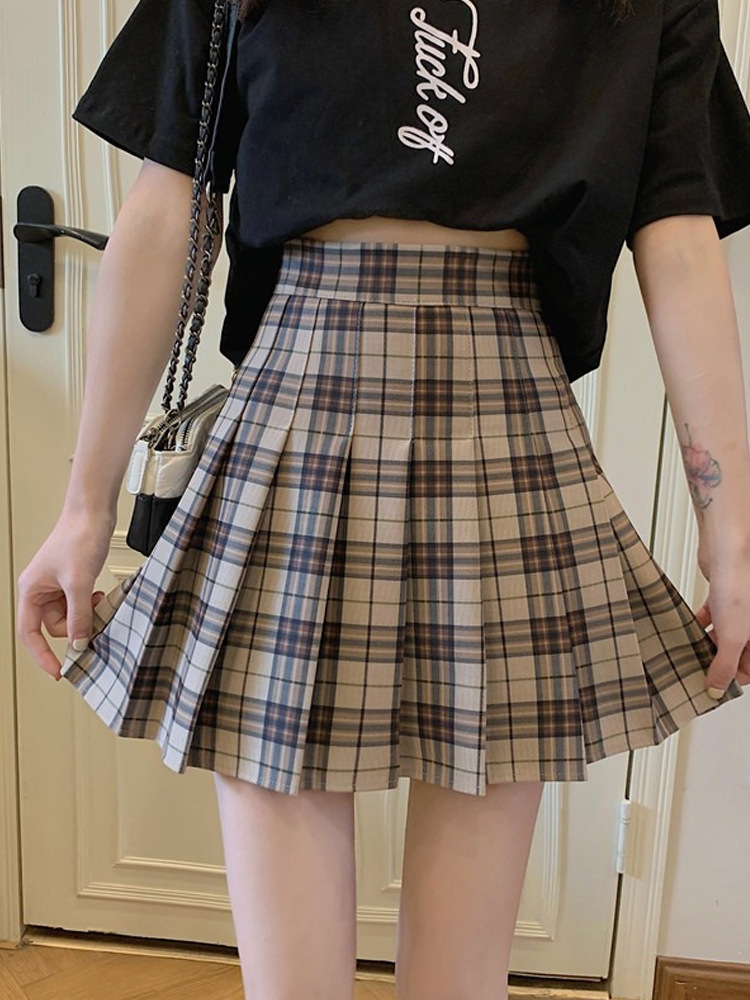 秋款格子半身裙女jk短裙春秋季卡其色百褶裙小个子高腰裙子a字裙