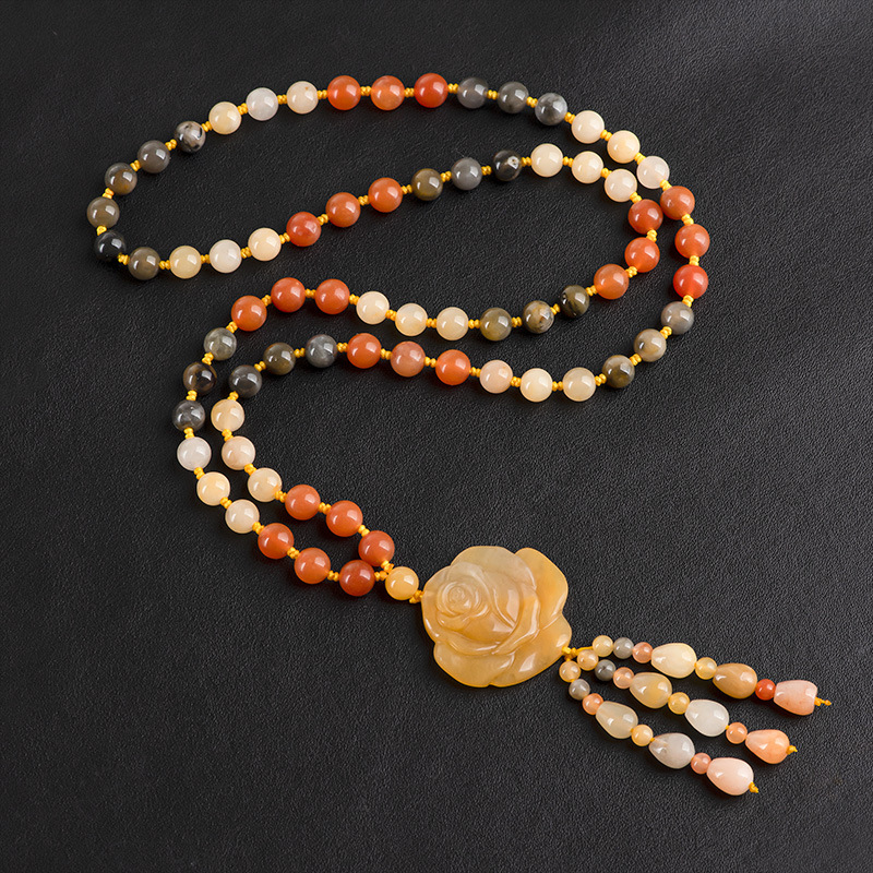 天然新疆金丝玉三彩珠链毛衣链戈壁玉黄玉男女款玉石吊坠项链批发