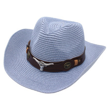 跨境批发西部牛仔草帽夏季遮阳帽藏式沙滩帽牛头帽带配饰骑士帽潮