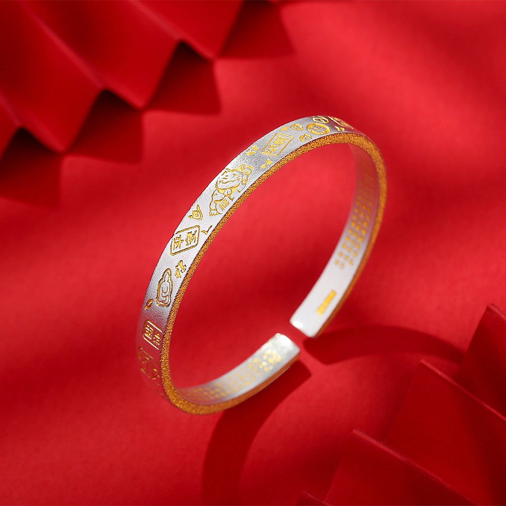 吉言描金招财猫足银9999银手镯女纯银年轻款可爱实心银镯子送女友