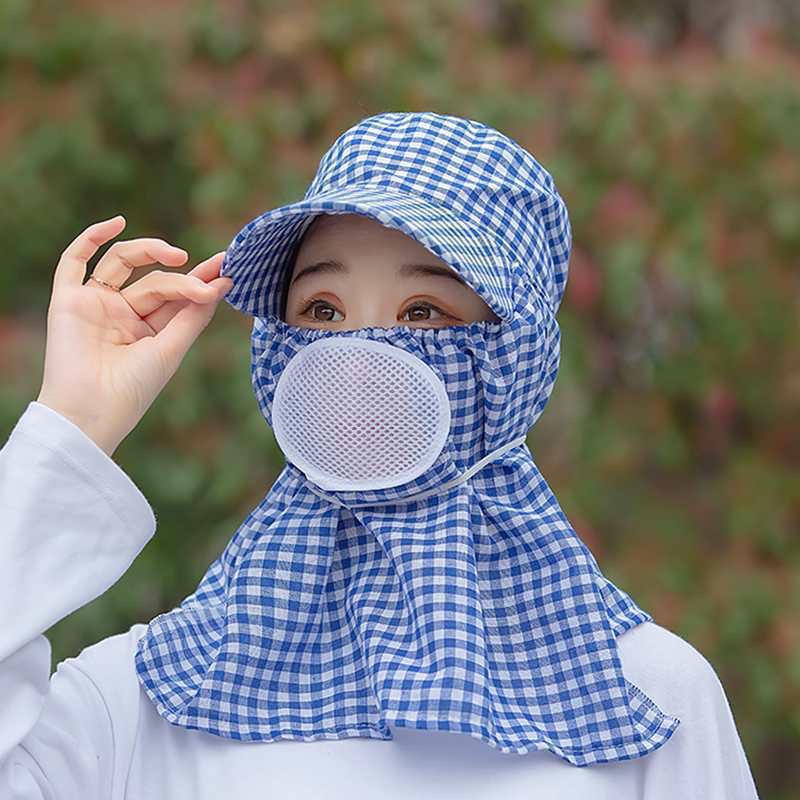 Sun Protection Small Plaid Half Brim Face and Neck Protection Sun Hat under the Ground Spray Insecticide Farm Busy Full Face Mask Shawl Sun Hat