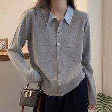 韩系POLO领撞色女士100全羊毛外套显瘦通勤春季新款系扣针织开衫