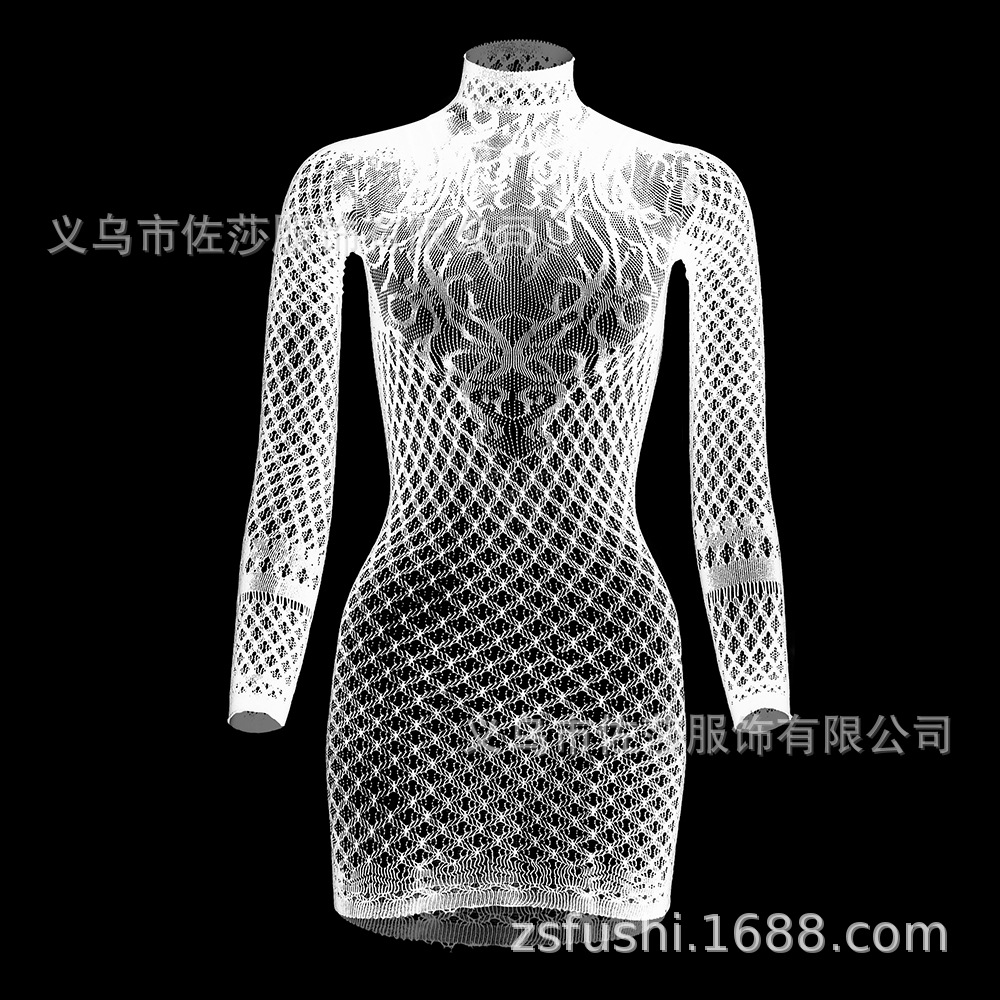 Sexy Lingerie European and American Foreign Trade Long-Sleeved Hip Skirt Skirt Hollow Backless Fishnet Clothes Tights W555