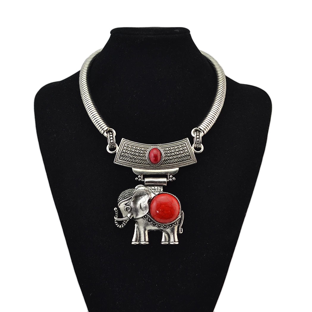 欧美热销复古异域夸张风古粗项圈 镂空大象雕花松石短款项链