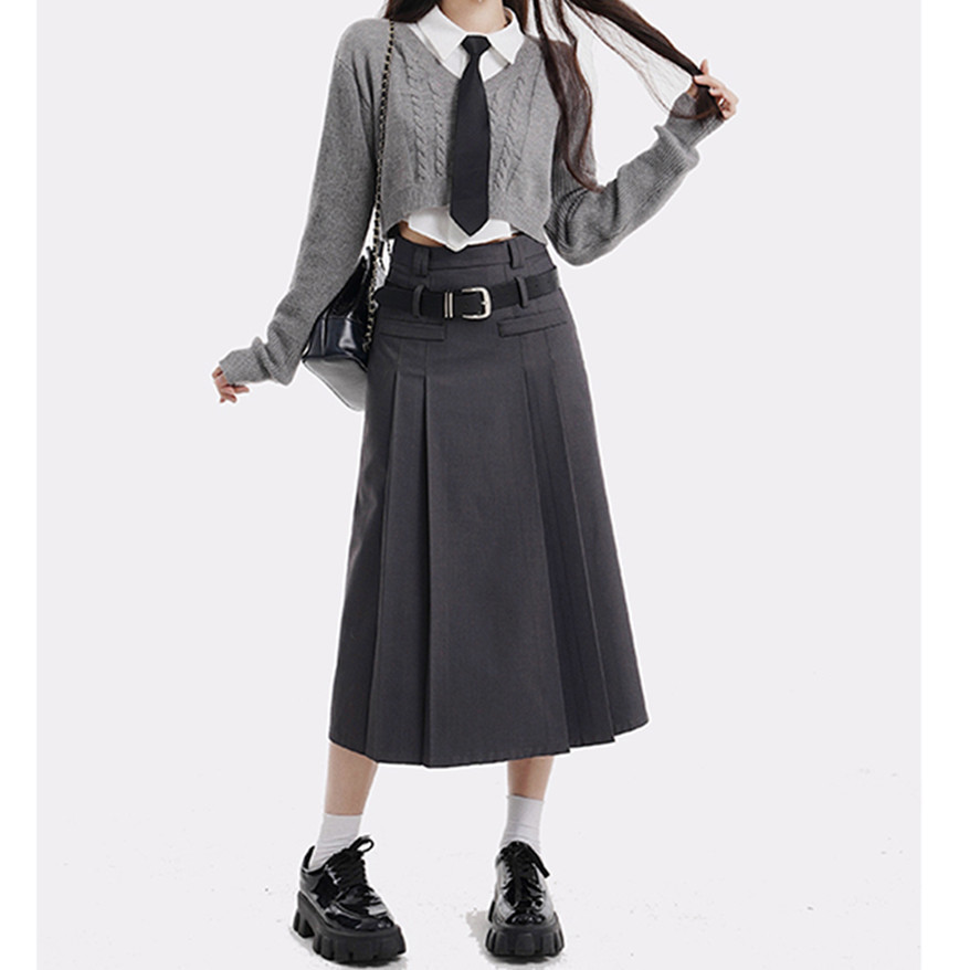 画解wahjui 中城高校 灰色半身裙女秋季高腰百搭长裙a字百褶裙子