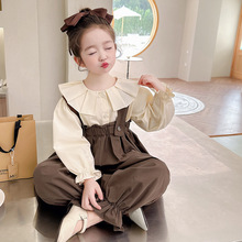女童网红风纯色娃娃领背带裤套装2022冬季新款韩版宝宝两件套童装