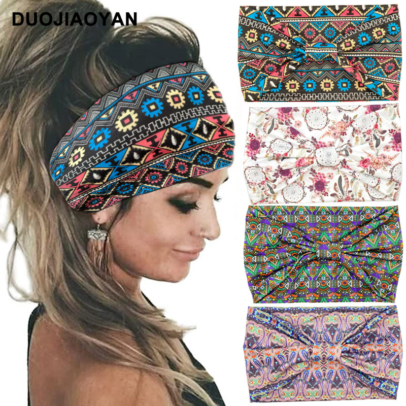 european and american new printing sports hair band knotted cross elastic wide-brimmed sweat-absorbing hair band bohemian hair band wholesale