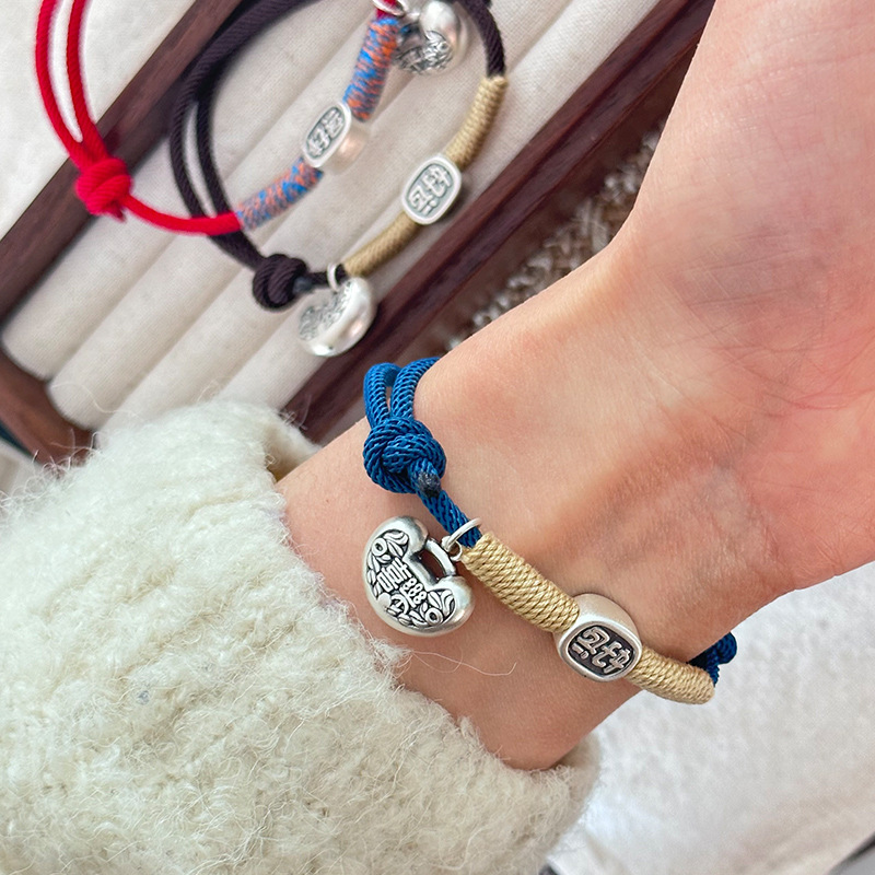 [good luck] bracelet wrist chain female 999 pure silver simple national trendy style design safe happy bracelet