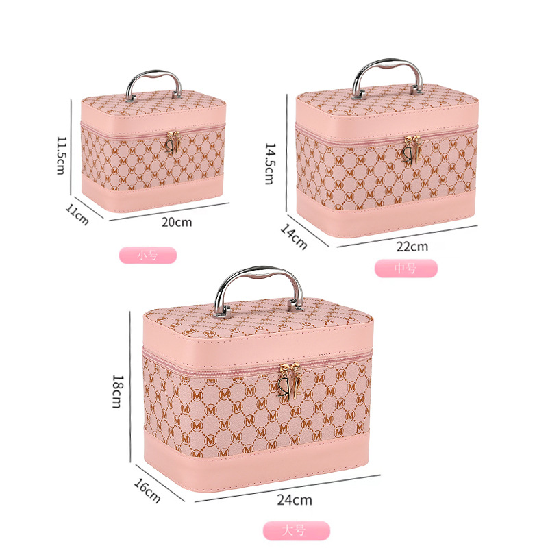 Cosmetic Bag Large Capacity High-Grade Cosmetic Case with Mirror Hand-Carrying Multifunctional M Letter Three-Piece Cross-Border Good-looking