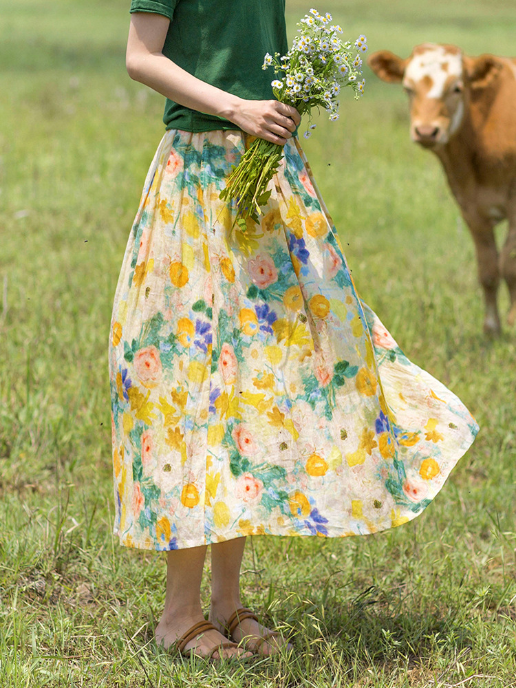 杭州有山半身裙夏 苎麻碎花半身裙中长款文艺显瘦210631