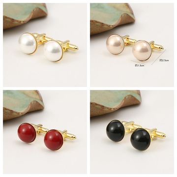 跨境时尚男士圆形珍珠袖扣法式正装西装镀金正圆轻奢亮彩珍珠袖扣