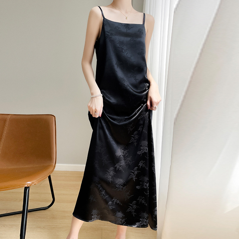 Summer New Design Sense Jacquard Satin Silk Dress Loose Slimming Elegant Inner Match Strap Dress for Women