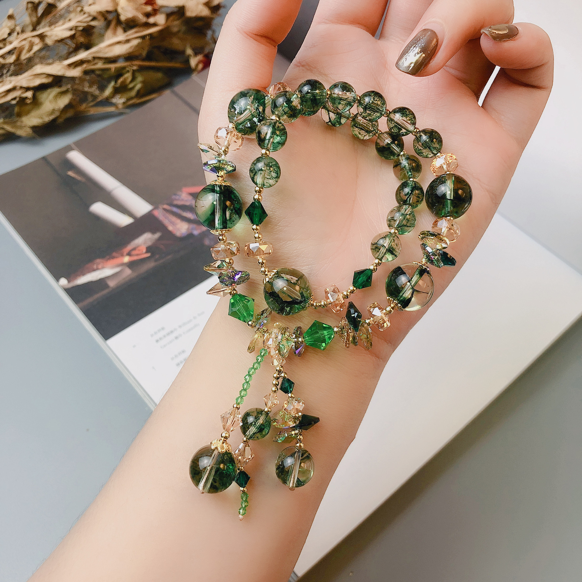 茶晶凤羽幽灵金发晶手链两圈奥地利水晶手串手工串珠饰品配饰首饰