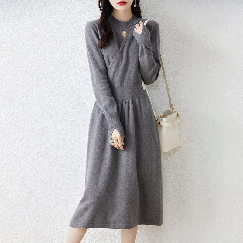 Autumn and Winter New Merino Wool Midi Dress Women's Half Turtleneck Knitted Slimming Temperament Kimono Skirt