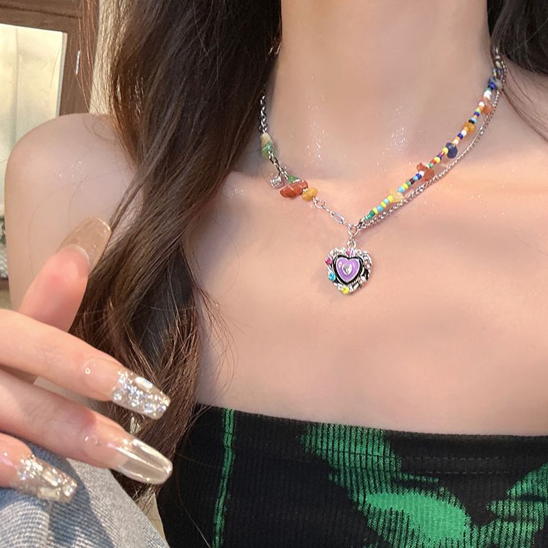 Sweet Cool Girl ~ Colorful Beaded Love Necklace Female Ins Trendy Special-Interest Design Light Luxury High-Grade All-Match Clavicle Chain