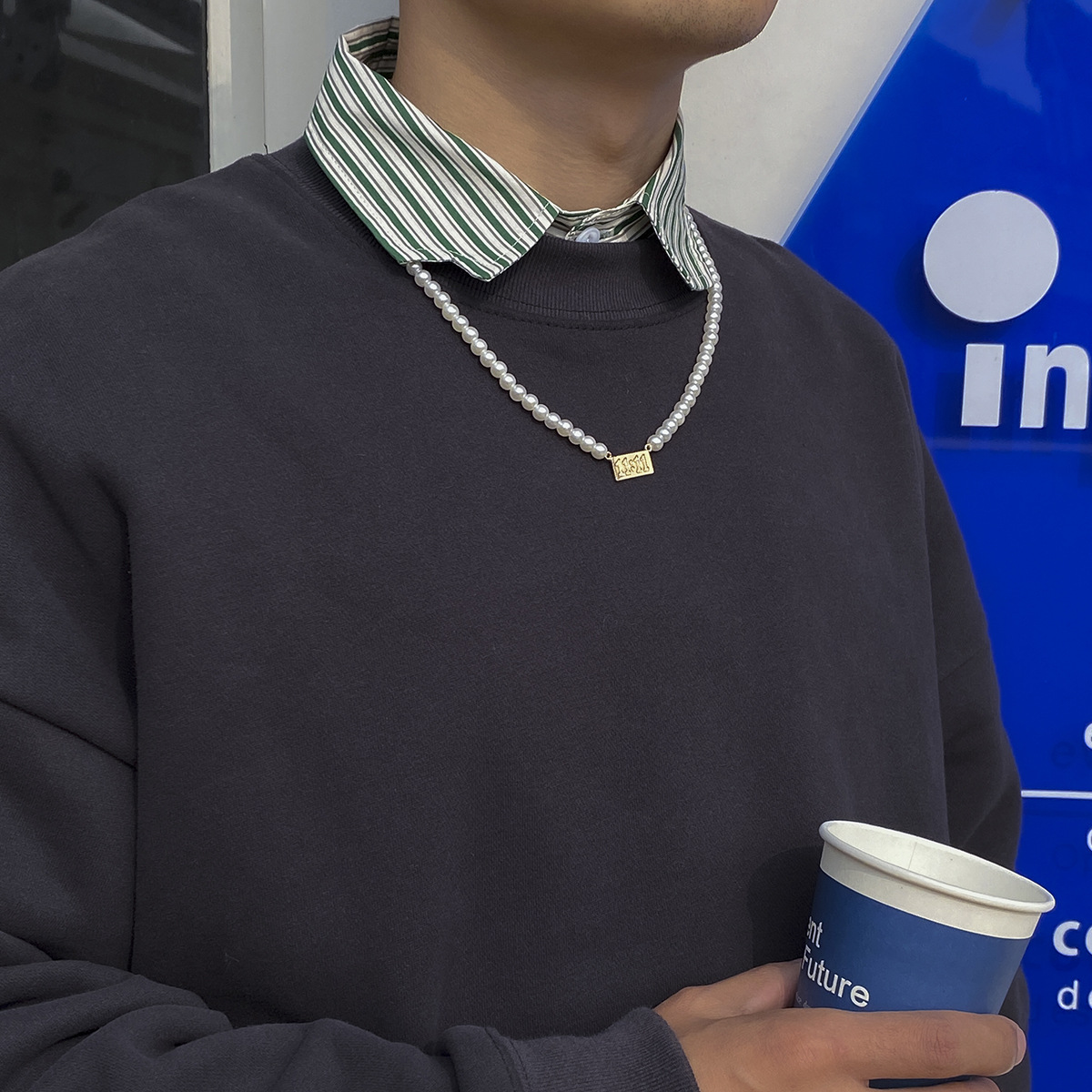 欧美跨境新款复古男士珍珠项链简约气质时尚潮流刻字时间毛衣颈链