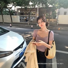 跨境法式紫色大领口短袖t恤女夏季纯欲风修身显瘦针织锁骨正肩上