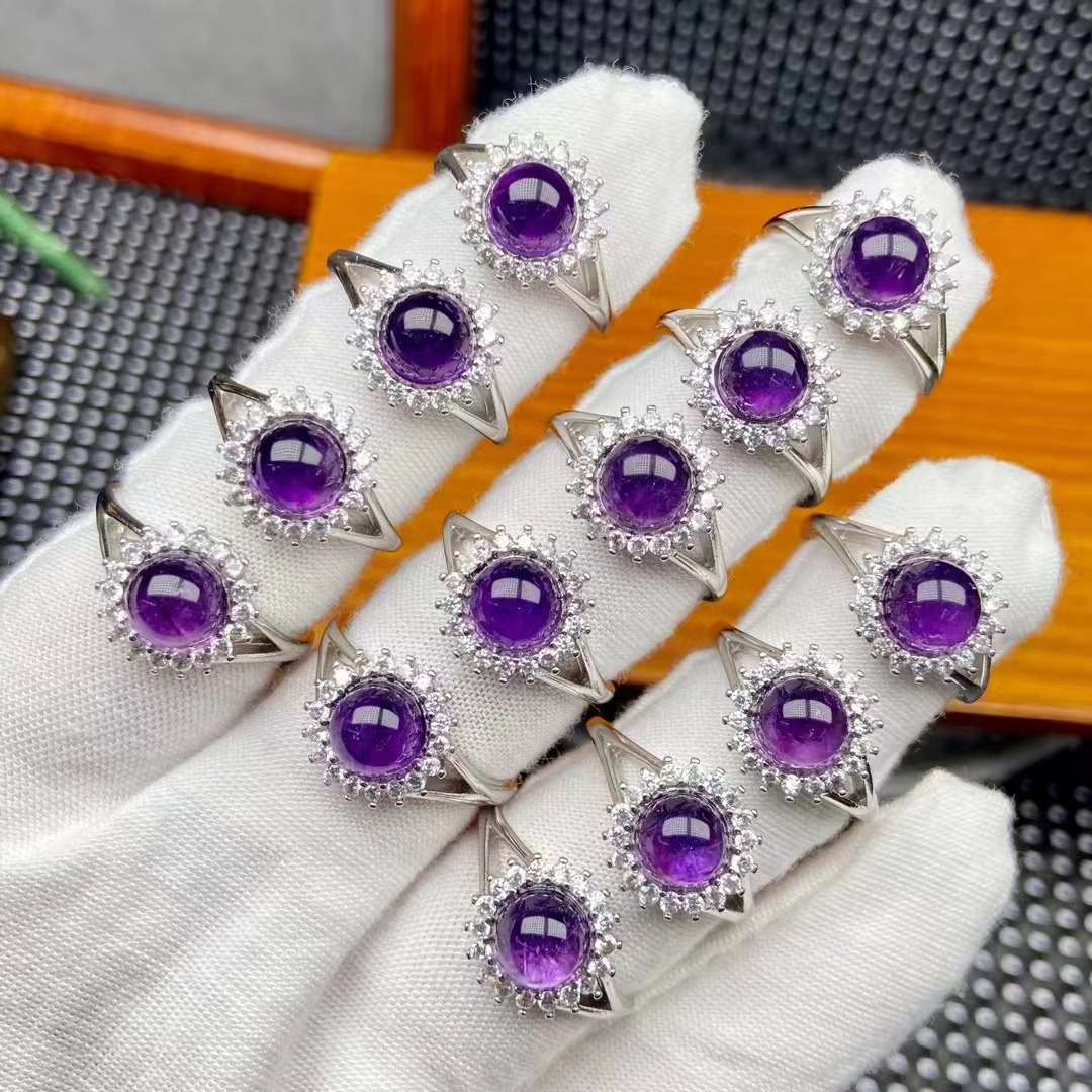 天然紫水晶戒指女满钻镶嵌时尚豪华款电镀银保色开口调节跨境爆款